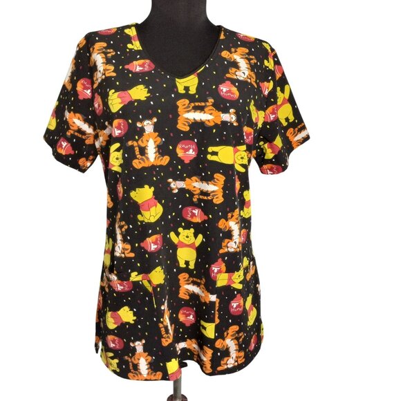 Disney Size M Womens Scrubs Scrub Top Winnie The Pooh Tigger Hunny Pot - Picture 1 of 9